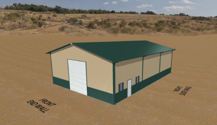 Steel building with black roof and side lean-to