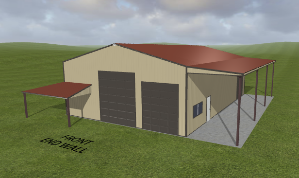 Tan metal building rendering with lean-tos and front endwall