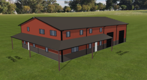 3D-rendered metal building with wraparound covered porch