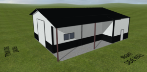 3D-rendered metal building with black gable roof