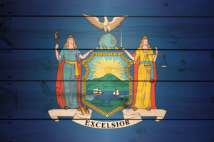 New York state flag with detailed coat of arms