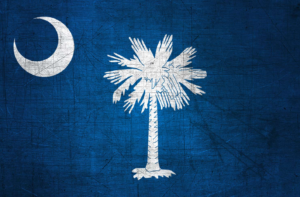 A wooden depiction of the South Carolina state flag.