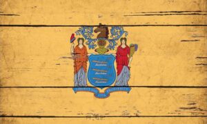 New Jersey state flag on rustic wood background